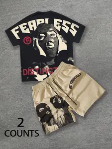 Fearless Graphic Print 2 Piece Short Set Casual Set Men’s Urban Streetwear Menswear | Oversized Balaclava Tee & Khaki Drawstring Shorts Outfit | Summer Hip Hop Tracksuit Fashion for Music Festivals & Clubbing Summer Outfits Set