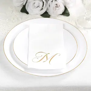 100 Paper Dinner Napkins White with Gold Foil Monogram "M" – 8"x4" Folded, Disposable Party Napkins