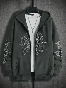 Spider Web Print Zip Hoodie, Street Style, Daily Wear, Bold Fabric, Gothic Inspired Design, Unisex Fashion Piece, All SeasonsGift