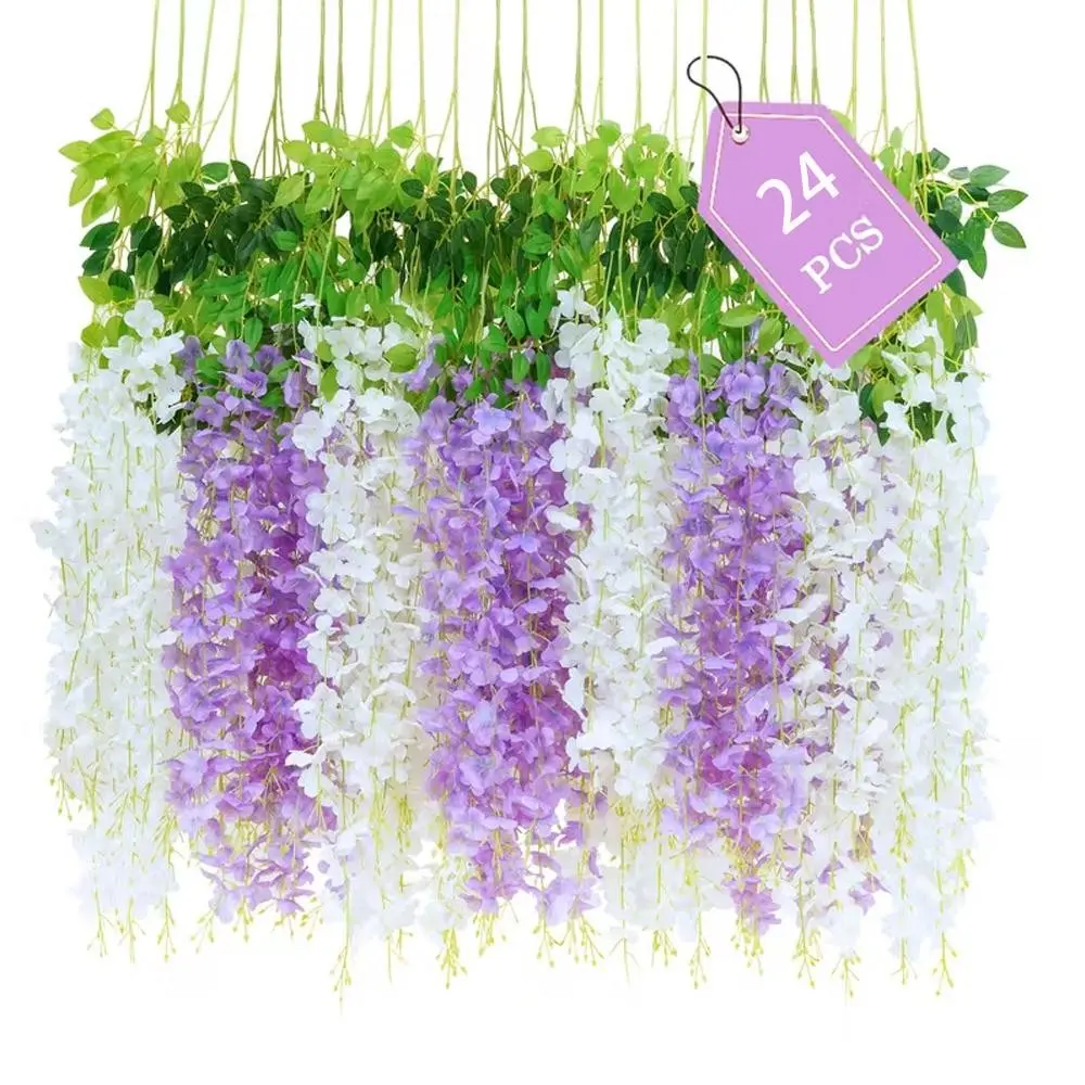 24pcs/43ft Artificial Wisteria Flowers, Artificial Hanging Flowers, Faux Flower Decoration, Artificial Flower Decorations, UV Resistant, Fade-Resistant, Natural Look, Easy to Clean, Ideal for Weddings, Parties, Home Decor