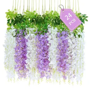 24pcs/43ft Artificial Wisteria Flowers, Artificial Hanging Flowers, Faux Flower Decoration, UV Resistant, Fade-Resistant, Natural Look, Easy to Clean, Ideal for Weddings, Parties, Home Decor