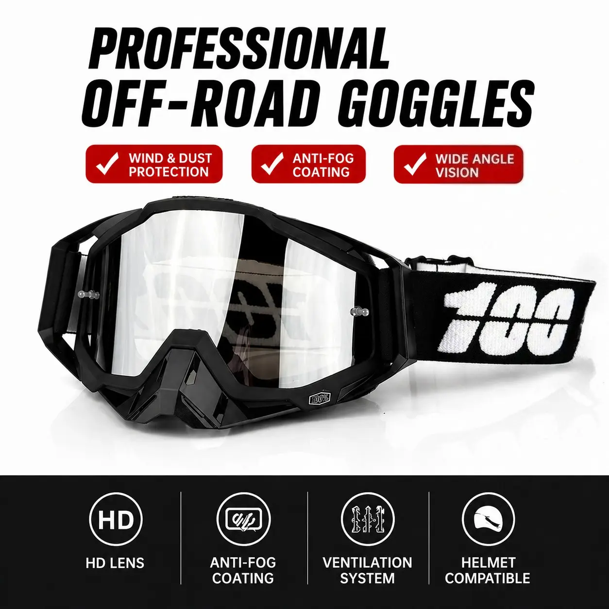 Motorcycle Goggles for Men Women, Snow Goggles with Over Glasses, Anti-Fog UV Protection Detachable Lens Ventilated for ATV Motocross Off Road Dirt Bike Skiing Snowboarding Riding Gear, Dirtbike Gear