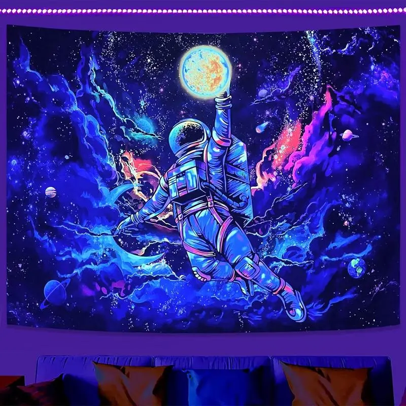 59x51 In Rectangular UV Reactive Blacklight Astronaut Space Theme Tapestry Wall Hanging, Trippy Glow-In-The-Dark Home Decor for Boys, Living Room Wall Decor
