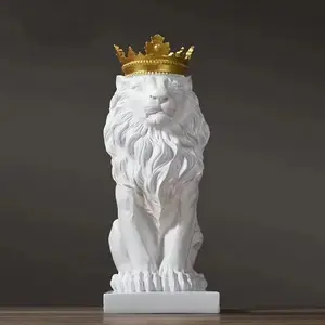 Nordic Lion Sculpture Ornament Animal Artwork Living Room European Style Gold Crown King of Beasts Leader Energy Home Decor Gift
