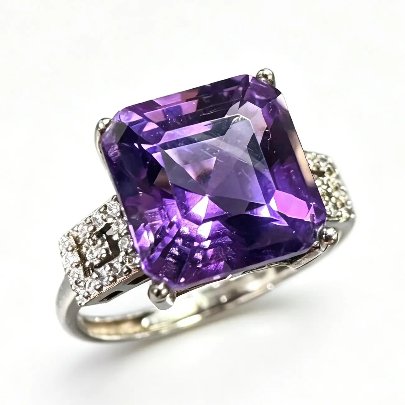 925 Sterling Silver Adjustable Cushion Cut Amethyst Statement Ring - 10.9mm Natural Amethyst, CZ Accents
