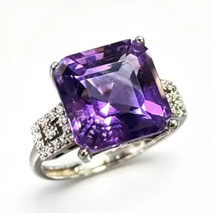 10.9mm Cushion Cut Amethyst Statement Ring 925 Sterling Silver Adjustable | Natural Amethyst with CZ Accents
