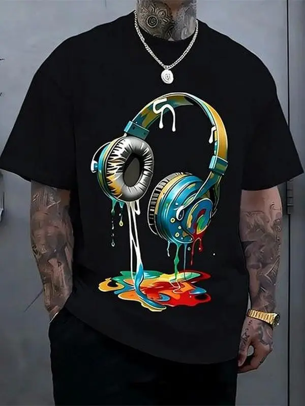 Men's Printed Short-Sleeve T-Shirt - Menswear Male Streetwear Staple, Digital Print, Anti-Pilling Treatment, Loose-Fitting for Music Enthusiasts, Casual Street Style Graphics Apparel, Check Size Guide, Baggy, Shopping, Oversized