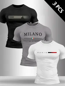 Hot Selling Letter Graphic Pattern Print Round Neck Short Sleeve Fitted Classic T-Shirt, Casual Versatile Daily, 3 Pack Set