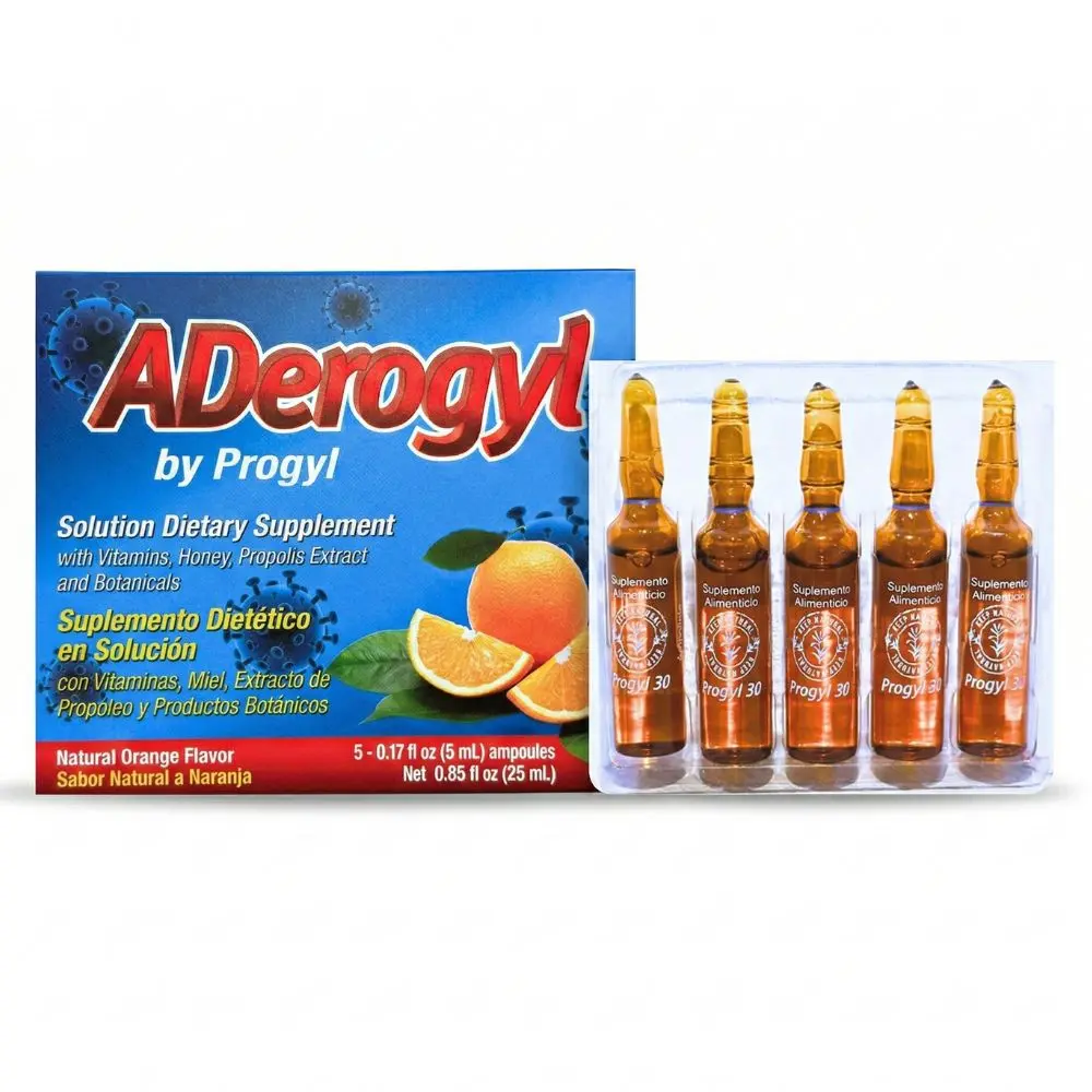 Aderogyl by Progyl - Immune Support Liquid Supplement with Propolis, Honey, Vitamin C & Bioflavonoids - 5 Orange Flavor Ampoules - Suplemento con Miel y Propóleo - Hispanic Heritage Wellness