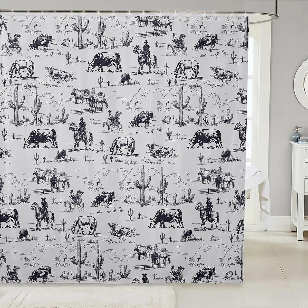 Feelyou Retro Western Cowboy Digital Print Shower Curtains - Black & White Desert Cactus Ethnic Pattern Curtains, Waterproof Polyester Washable Fabric Bathtub Accessory, 72"Wx84"L with C-Hooks for Easy Fitting, Ideal for Dorm Room, Printed Shower Curtains