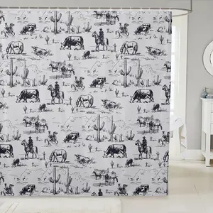 Western Bath Curtain,White and Black Cowboy Cow Shower Curtain,Cowboy Bathroom Shower Curtain,Desert Cactus Bathroom Accessories 72"Wx84"L Washable