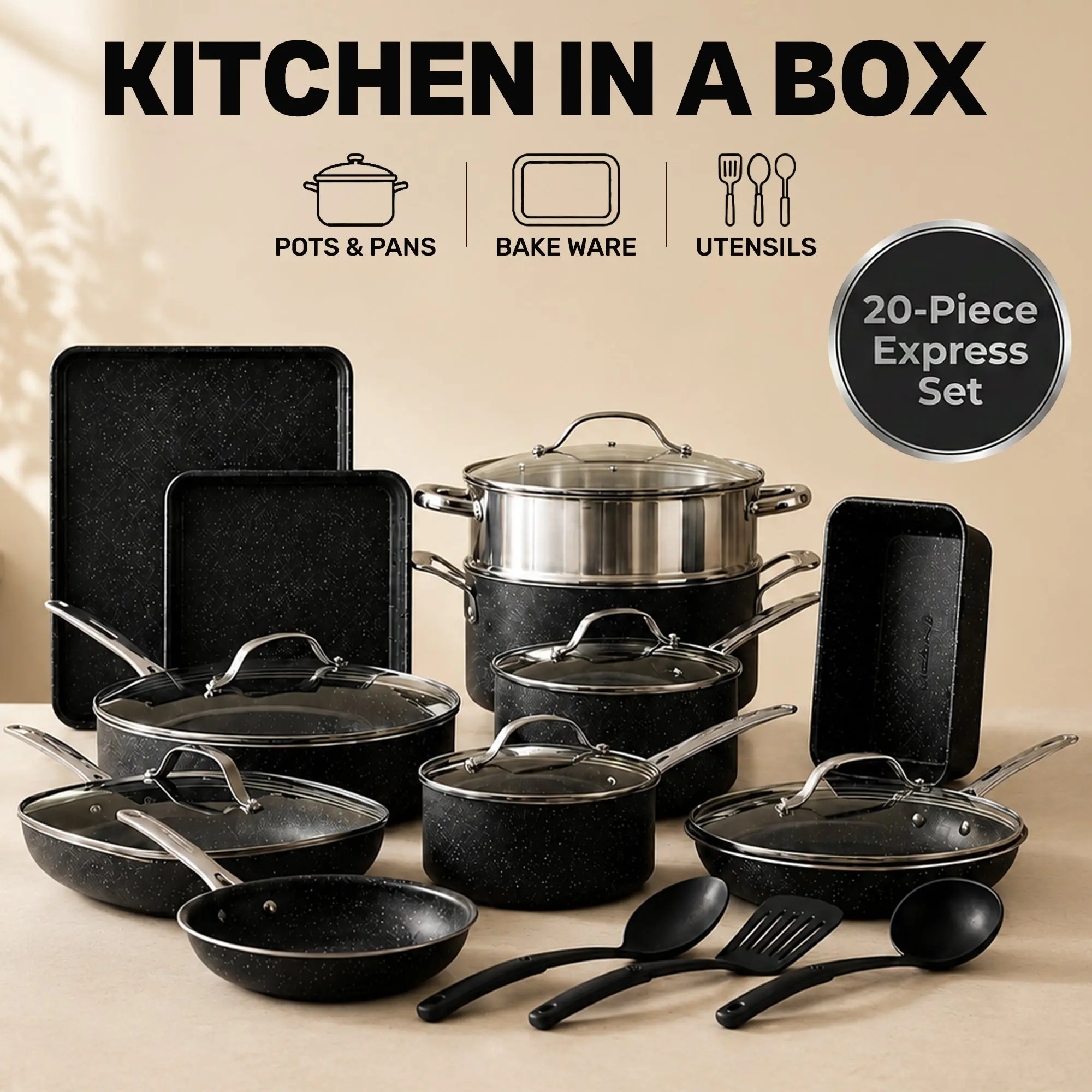 20-Piece EXPRESS SET, Nonstick Pots and Pan Set, Bakeware, Utensils, Frying Pan, Stock Pot, Steamer, Stainless Steel Handles pans