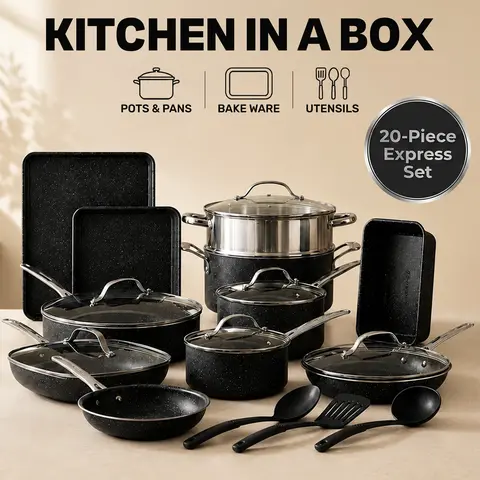 20-Piece EXPRESS SET, Nonstick Pots and Pan Set, Bakeware, Utensils, Frying Pan, Stock Pot, Steamer, Stainless Steel Handles pans