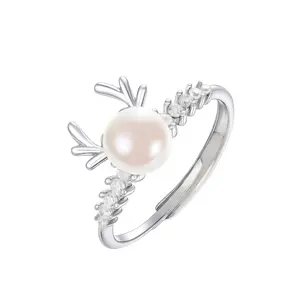 EAMTI 925 Sterling Silver Pearl Rings Fashion Elk Design Adjustable Branch Rings White Fresh Water Pearl Rings Open Cubic Zirconia Elk Simple Style Rings for Women