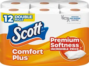 Scott ComfortPlus Toilet Paper, 12 Double Rolls, 231 Sheets per Roll, Septic-Safe, 1-Ply Toilet Tissue