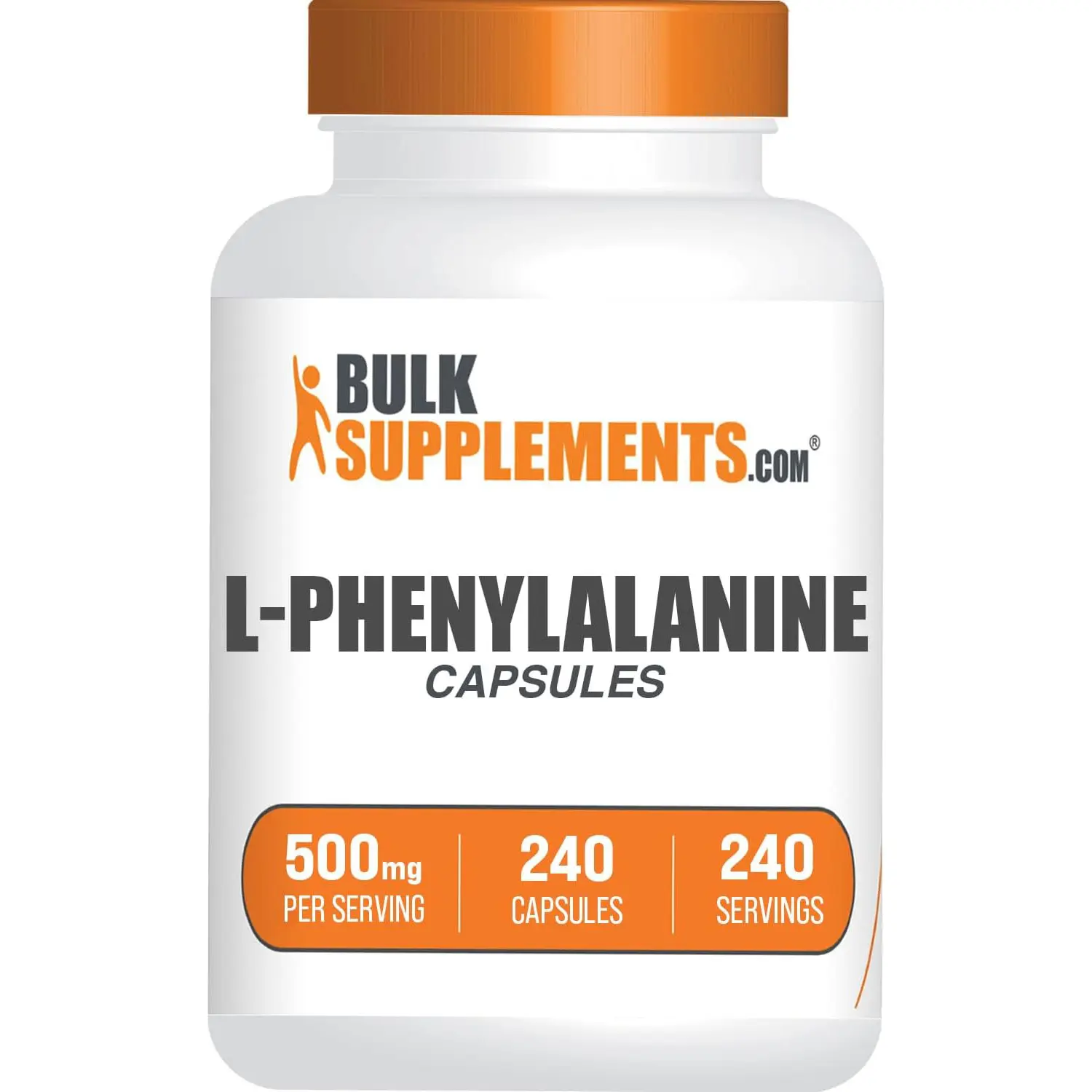 BulkSupplements L-Phenylalanine Capsules - 240 Caps, 500mg per Serving, Sugar Free, Gluten Free, Unflavored Gelatin - Natural Dietary Energy Boost Amino Acid Supplement for Body Health & Healthy Skin Support