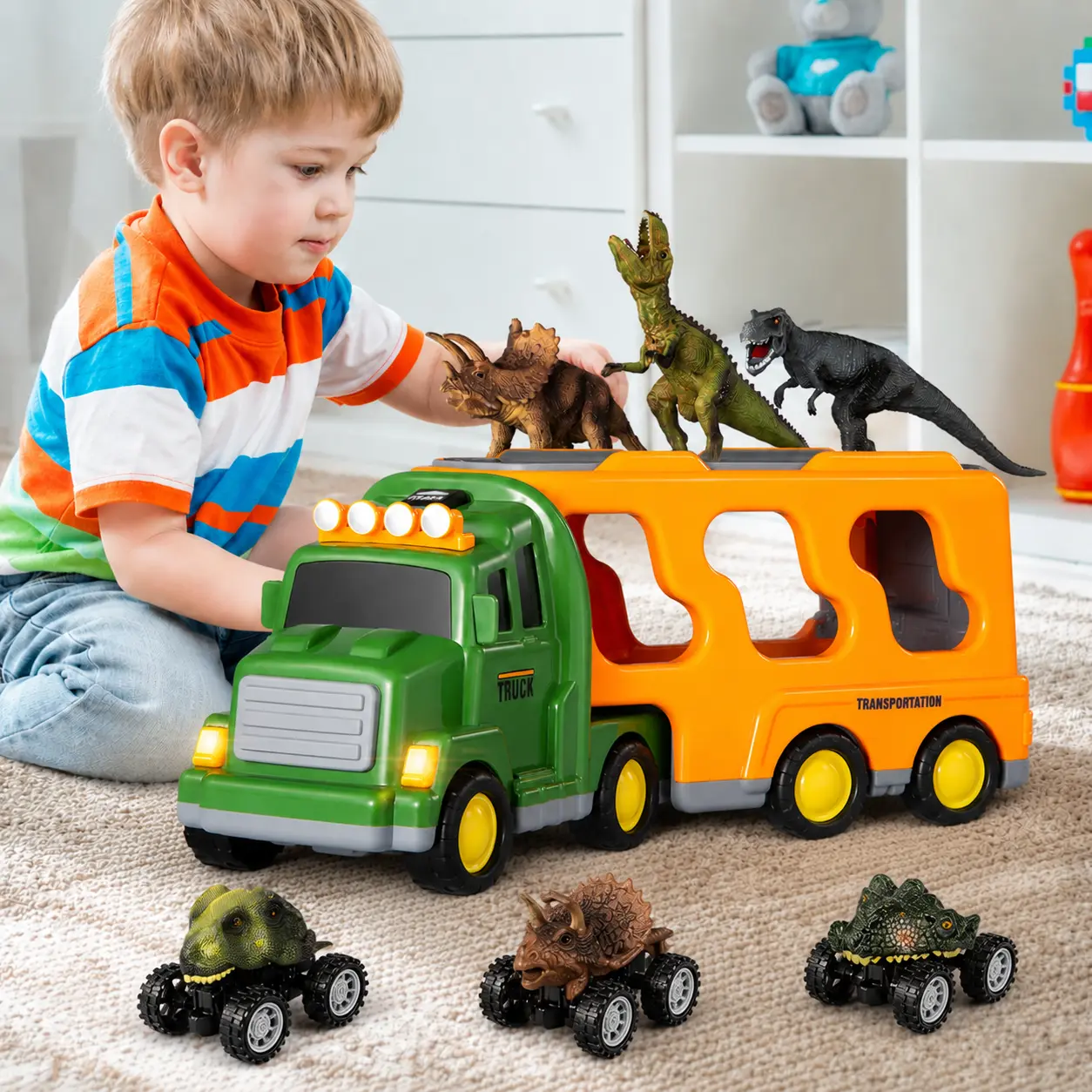 Spacious Storage Dinosaur Animal Carrier Truck Toy with Light&Sound Effects for Toddlers 3-6,Complete Kit with 3 Realistic Dinosaur Models&3 Dinosaur Mini Cars,Dual-Function Educational Role Play Toy&Sensory Fidget Toy to Release Kid Anxiety,Birthday Gift