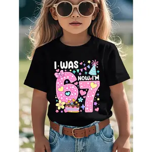 Cute Girls' 7th Birthday T-Shirt - "I Was 6, Now I'm 7" Number Print, Casual Round Neck Summer Top, Age 7 Outfit for Casual Attire NY-DX7699