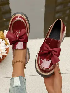 Women's Black Matte Finish PU Platform Loafers with Contrast Trim & Black Bow, Preppy Retro-Chic Style, Lug Sole, Perfect for Daily & School Outfits PreppyRetroShoes, BlackPlatformLoafers, CampusChicShoes