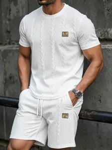 2-piece men's solid color short sleeved top and shorts casual suit, summer vacation style, regular style, micro elastic fabric, printed details fathersdaygift