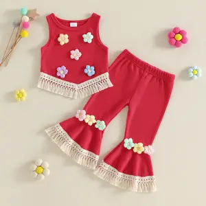 2Pcs Toddler Girls Outfits Sleeveless Crew Neck 3D Crochet Flower Decor Waffle Knit Vest Tops and Elastic Waist Pants