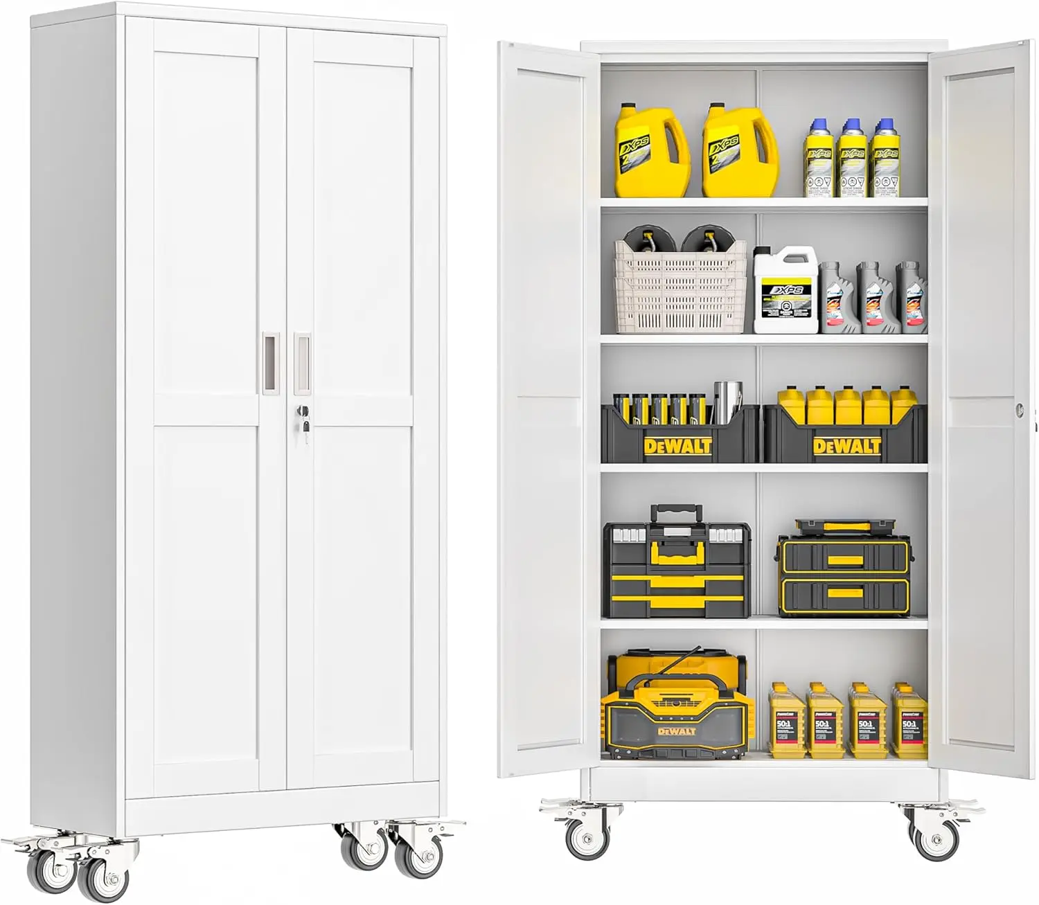 Metal Garage Storage Cabinet with Lock, Steel Tool Cabinet with 2 Doors and 5 Adjustable Shelves, 71” Tall Lockable File Cabinet with Wheels, Organization for Home Office Garage Gym