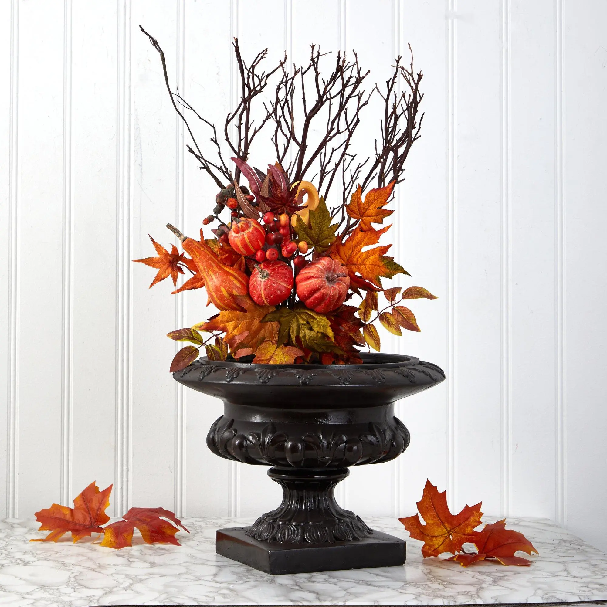 20” Silk Faux Pumpkin & Maple Leaf Bouquet (Set of 2) - Lifelike Fake Plant with Texture, Silk Faux Flowers, Fall Leaves Floral Decor for Neighbor, Book Club Meeting, Co-Worker Gift