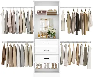 Unikito Closet System, 4FT - 9FT Closet Organizer with Mirror, Luxury Walk in Closet Insert with Drawers and 4 Hanging Rods, Sturdy Wood Wardrobe Closet Garment Rack with 25” Tower