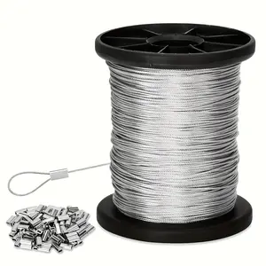 50-meter steel wire rope, High Tensile Wire (including 50 sleeves), 1 mm diameter, 1.06 ounces per linear foot. Made of 304 stainless steel, the rope is flexible and comes in a continuous coil. Ideal for hanging light strings, hooks, or mesh structures