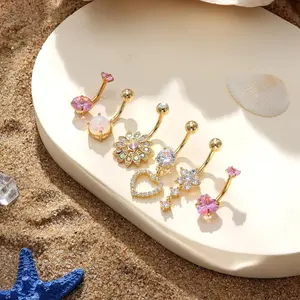2025 Summer 6PCS Surgical Stainless Steel Dangle Pink Belly Button Rings for Women Heart Flower Cubic Zirconia Dangling Belly Button Piercing Navel Piercings Pack