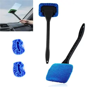 Windshield Cleaner with 2 Washable Microfiber Pads Fixed Handle Auto Glass Wiper - Ergonomic Design for Blind Spots - Reusable Cleaning Tool for Interior & Exterior