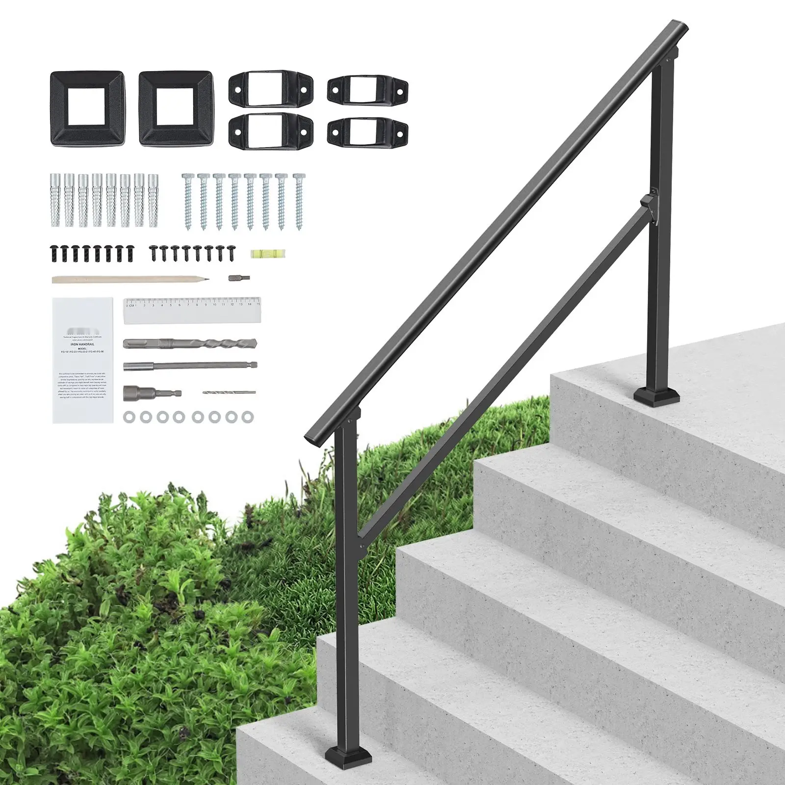 4-5 Handrails For Outdoor Use For Seniors Porch And Deck, Black Square Tube Steel, Durable Weather-Resistant Stair Rails, Non-Slip Grip, Easy Mounting, Safe Outdoor Steps And Ramps, Heavy Duty Construction