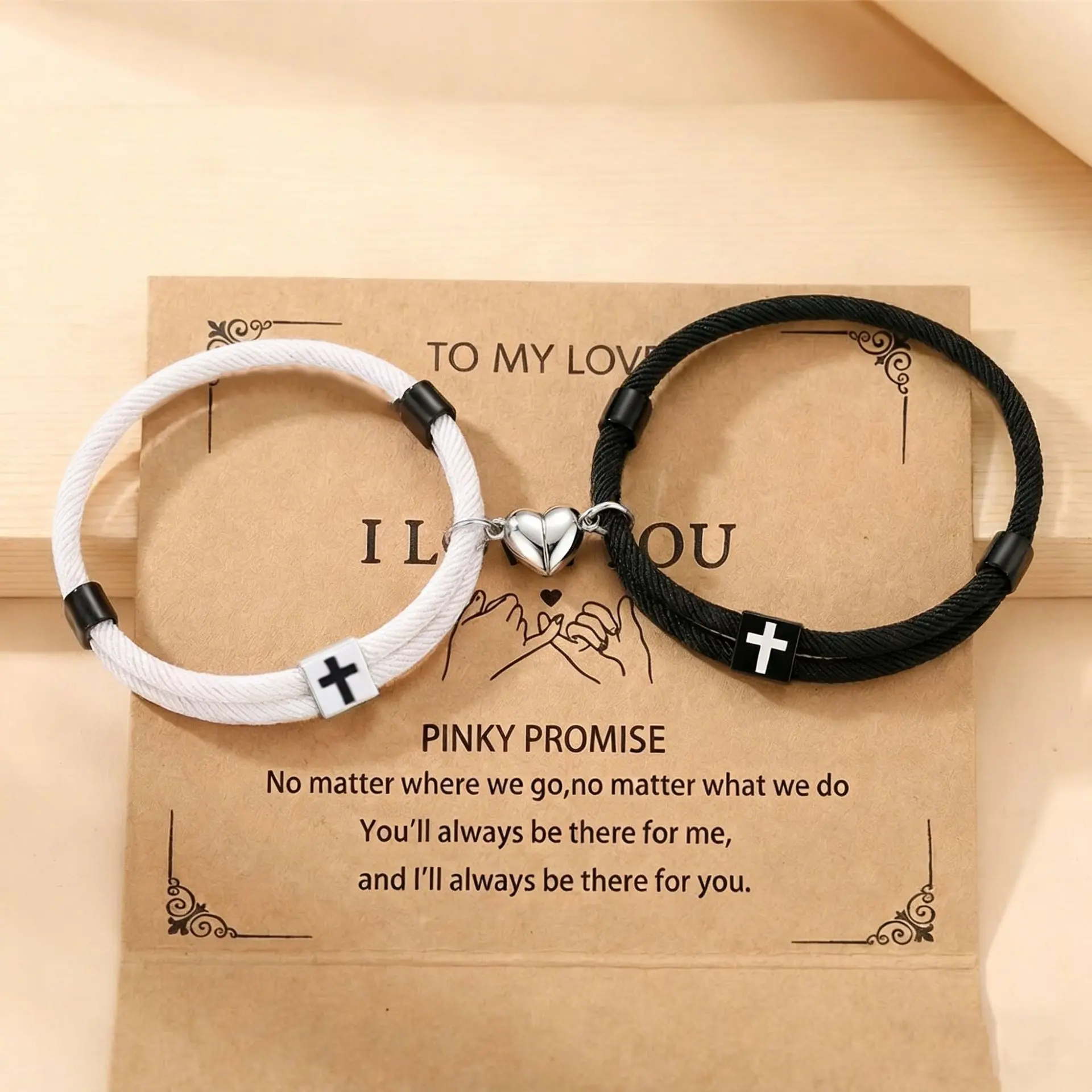 2Pcs Couple Magnetic Heart Cross Bracelets, Adjustable Black White Braided Rope Matching Bracelet Set with Wish Card, Romantic Love Jewelry Gift for Valentines Day Anniversary Birthday