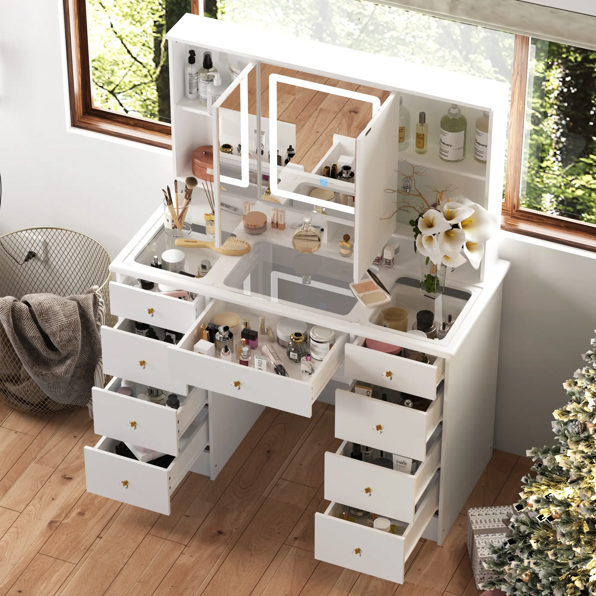 FUFU&GAGA 43.3"W Dreamy Vanity Desk With 9 Drawers, Makeup Desk With 3-Mirror And Touch Screen Light, Dressing Makeup Table For Bedroom