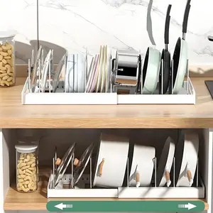 Expandable Pot and Pan Organizer Rack for Cabinet with 7 Stainless Steel Dividers Durable Rust Resistant Storage for Cookware Bakeware Small Kitchen Apartment RV Organization Adjustable 12.0 to 22.0 inch Shelves