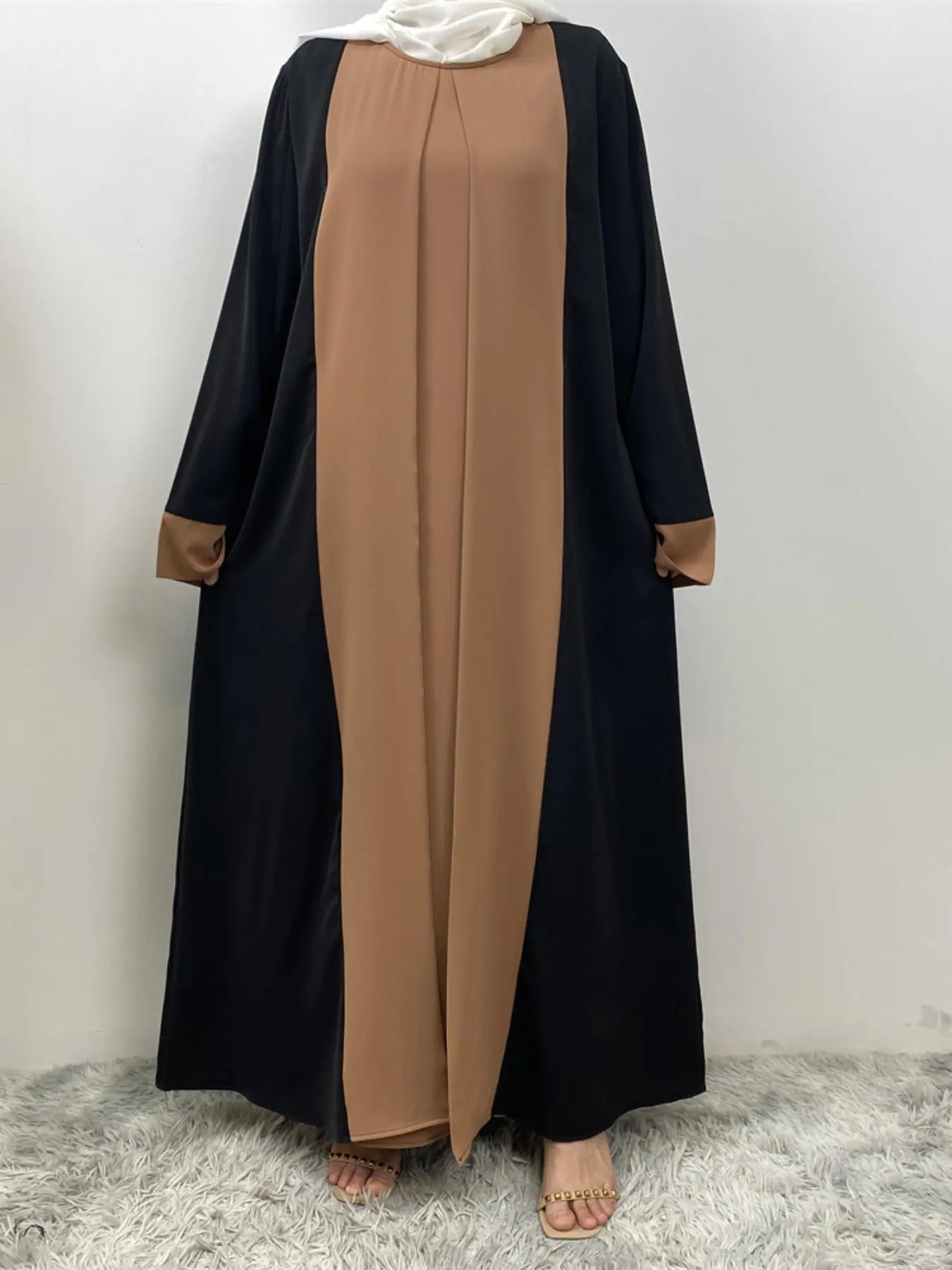 Women's Colorblock 2 in 1 Zipper Kimono Sleeve Kaftan Dress, Modest Long Sleeve Round Neck Maxi Dress for Party Holiday Wedding Guest, Ladies Fall Islamic Clothes