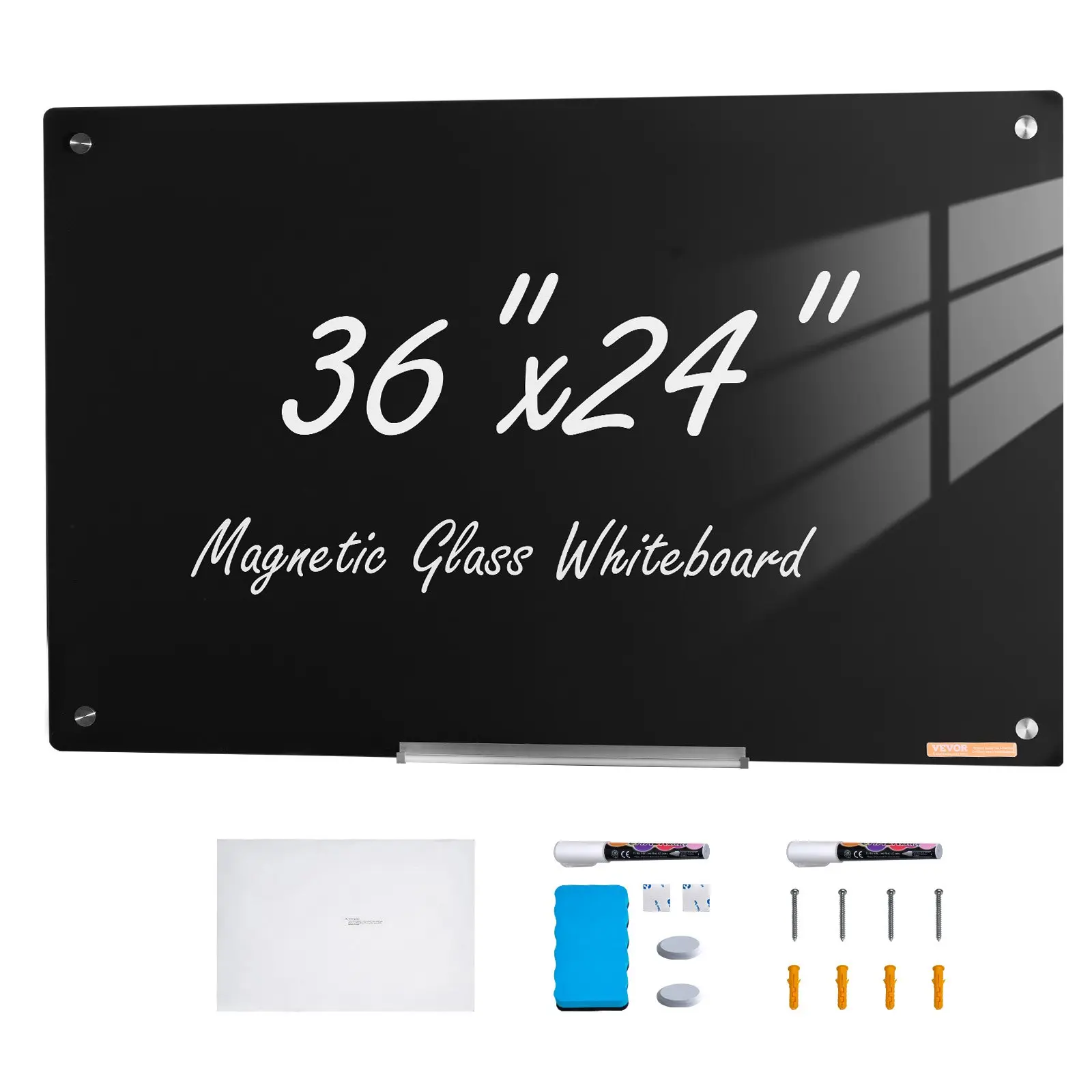 VEVOR Frameless Magnetic Tempered Glass Whiteboard, 36x24in Wall-Mounted Dry Erase Board for Restaurants, Schools, Cafes, Students, with Marker Tray, Eraser and 2 Markers, Black
