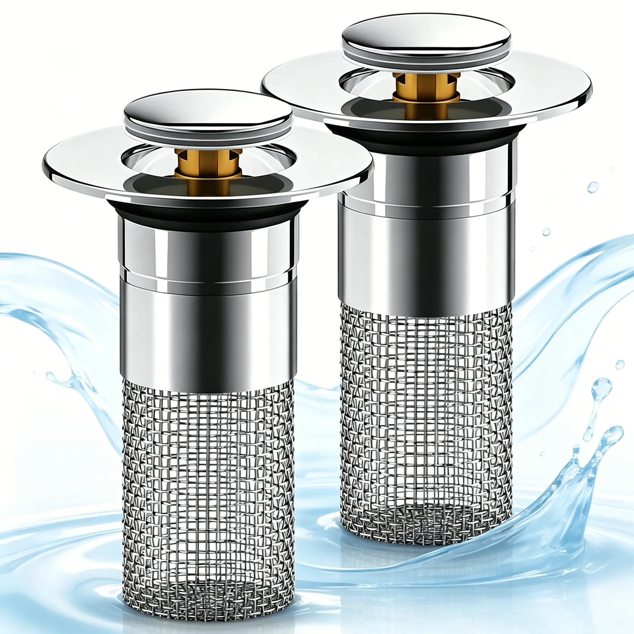 Sink drain filter,2 pcs Pop-Up Bathroom Sink Drain Strainer, Stainless Steel Hair Catcher Basket with Brass Drain Plug, for Bathroom Sinks, Bathtubs, Showers & Floor Drains ,Adjustable, Durable.【Only suitable for bottoms that are arc-shaped】