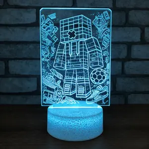 Pixel Block Character 3D Illusion Lamp | Doodle Background | Remote & Touch Control | Kids Bedroom Decor & Gift