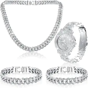4 count  Watch Cuban Link Chain Men Watch Set  Hop  Set Bling Rhinestone Necklace Bracelet