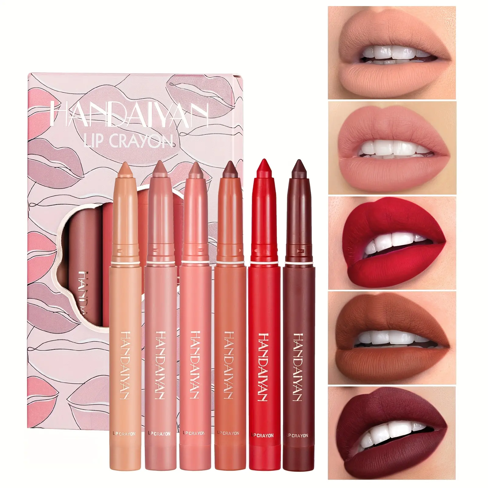 HANDAIYAN Lip Architect 6-Piece Liner & Lipstick Set - Rotary Sharpenable Pencils, Smudge-Proof, Long-Lasting Velvet Matte Finish Makeup Tools