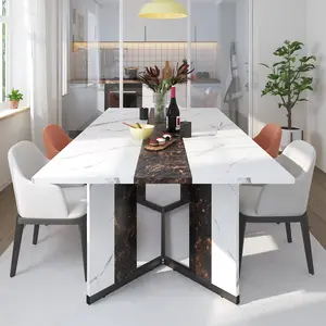 71In Large Rectangular Brown Dining Table for 4 5 6 7 8 People w/35 Marble-Color Wood Watrproof Tabletop,Adjustable Leg.6ft Luxurious Family Dinner Table for Office Kitchen Living Room, (white/Brown)