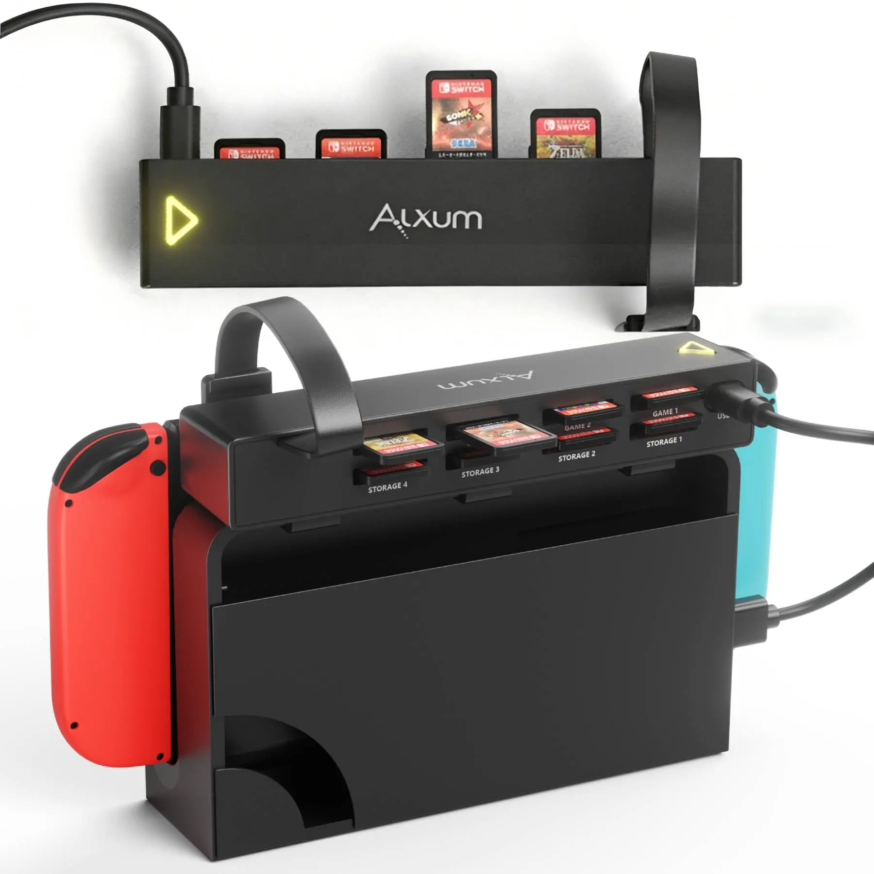 Alxum Gaming Card Reader for Nintendo Switch - 1-Click Swap, USB-C Input Hub, USB-Powered, Anti-Slip & Anti-Scratch Clips, Easy to Install, Card Protection (Black), One-Click Swap, Alxum Switch Game Card Reader
