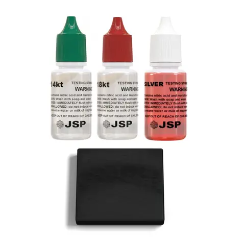 JSP & PuriTEST Casual Plastic Gold-Silver Tester Kit - 5-Piece for Investors, 0.5 oz Gold Testing Acid, JSP Silver Acid, 2''x2'' Test Stone with Rubber Backing, Determines Karat Value for 14/18/.999/.925 Sterling Jewelry/Bars/Coins, Quick Accurate Testing