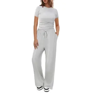 FireSwan Women's Solid Short Sleeve Two Piece Set, Drawstring Wide Leg Sweatpants Ruched Crop Top Matching Set Casual Outfits Pajamas，Ladies Fall Matching Sets Going Out