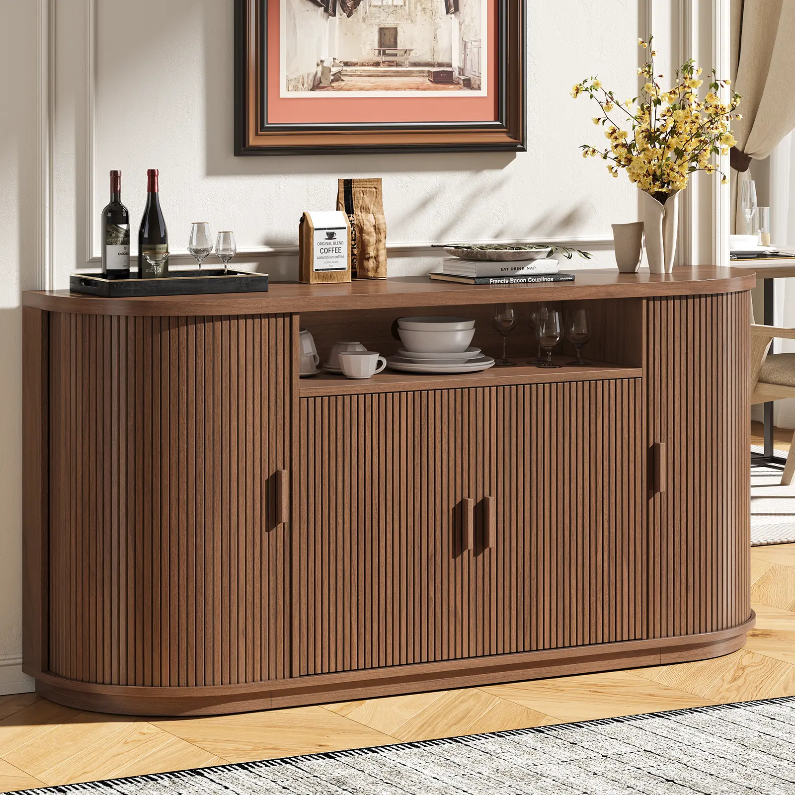 ONBRILL 63" Sturdy Wood Modern Grooved Curved Sideboard Buffet Cabinet - Entryway Cabinet, Kitchen Hutch Sideboard, Home Bar Unit with Sliding Doors, Drawers, Adjustable Shelves, Smooth Rounded Edges & Wall Anchors for Furniture