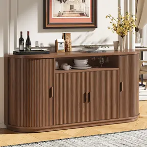 【CategorySelect】ONBRILL 63" Gorgeous Sideboard Buffet Cabinet with Storage, Modern Fluted Accent Credenza with Sliding Doors, Drawers and Adjustable Shelves, Wood Coffee Bar Console Table for Kitchen, Living Room, Enrtyway
