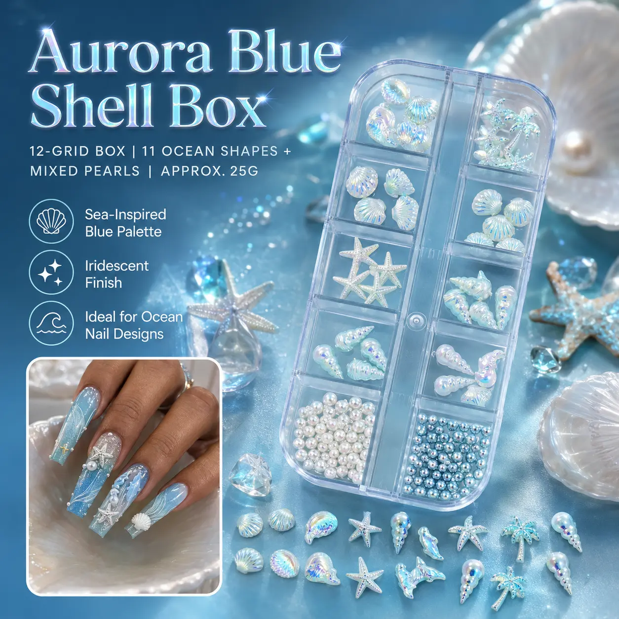 12-Grid Box Cute 3D Nail Art Decorations for Gel/Acrylic Nails, Seashell, Mermaid, Iridescent, Pearl, Coastal Blue Designs