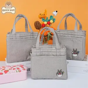 Grey Drawstring Lunch Bag with side pocket,Japanese Canvas Work Lunch Tote,Valentine's Day Gift