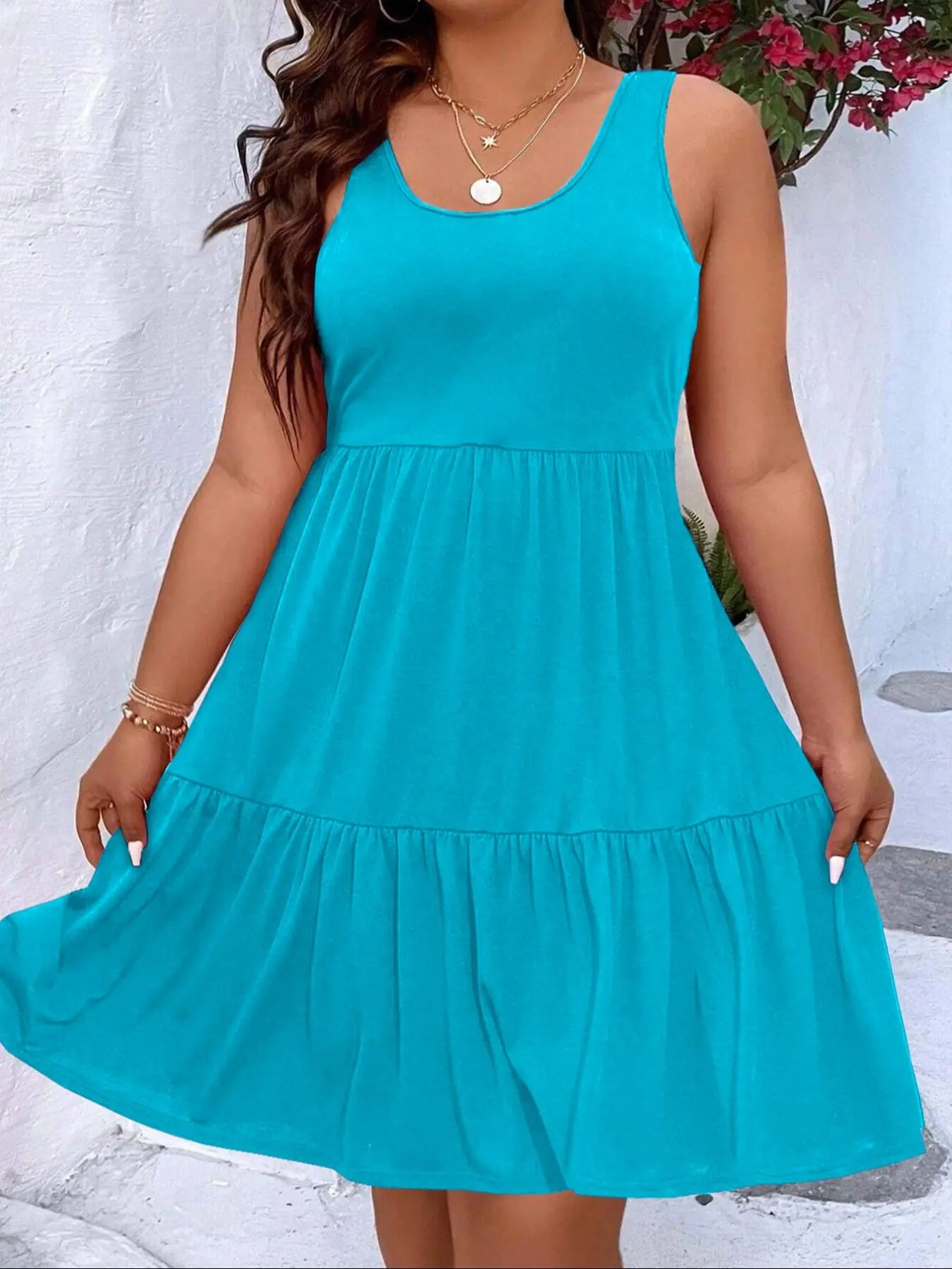 Plus Size Solid Ruffle Hem Tank Dress, Casual Fashion Dress, Casual Chic Sleeveless Scoop Neck A-Line Dress for Summer, Sky Blue, Women's Clothing for Daily Wear